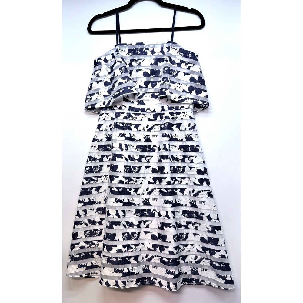 Navy Ivory Cape Overlay Floral Stripe Fit Flare Dress Sz M Art To Wear Old Money